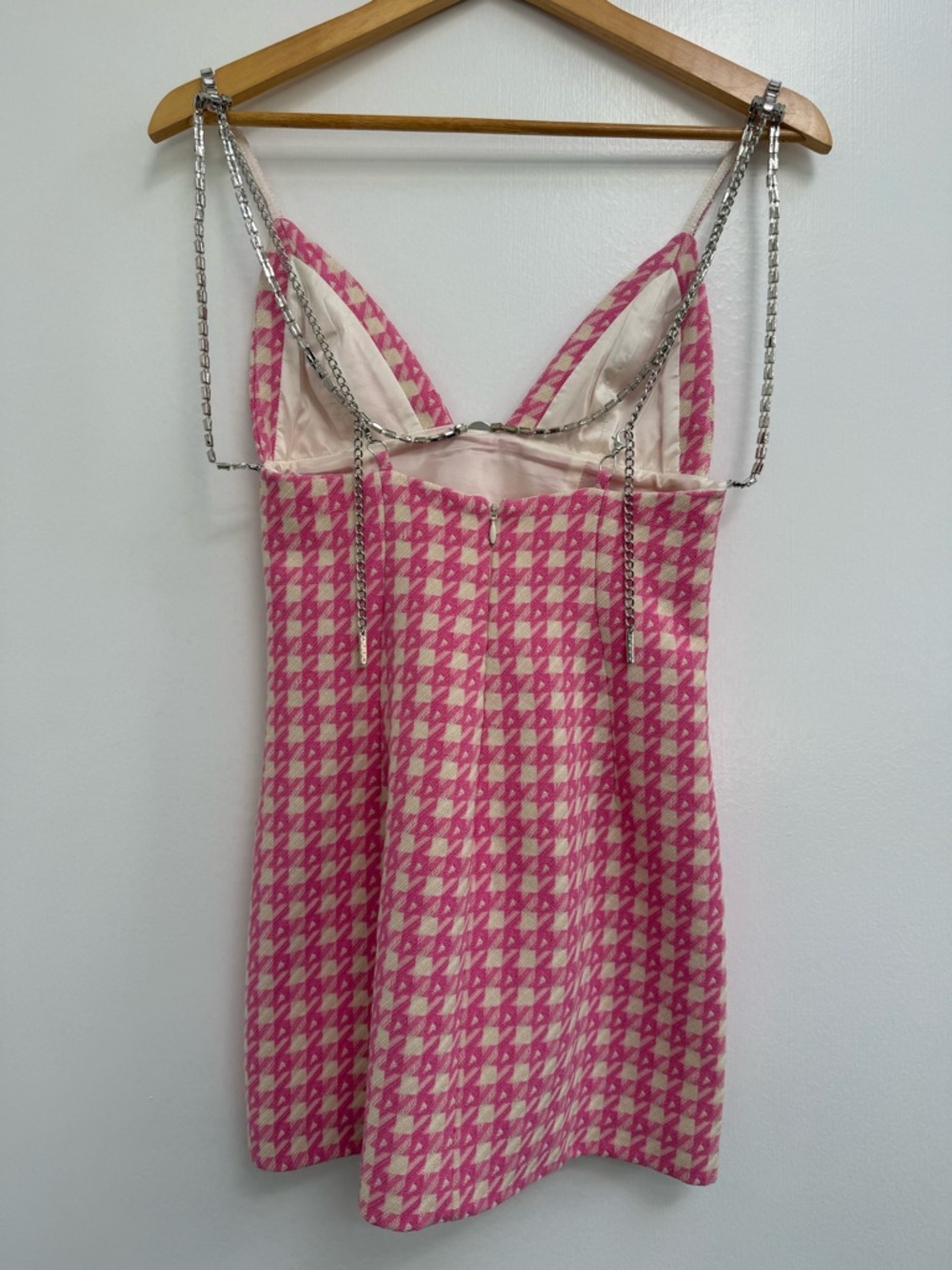 AREA Pink and White Tweed Dress with Silver Chain Detail - Picture 9 of 10
